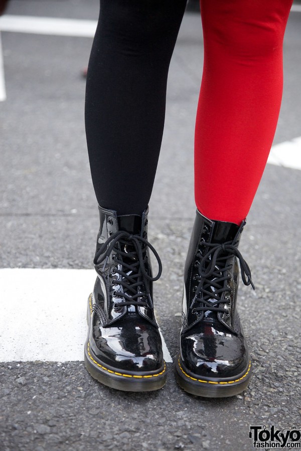 Pageboy boots with red & black stockings