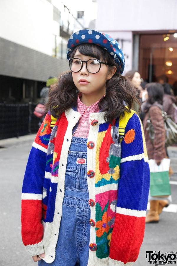 Overalls, gingham shirt & colorful sweater