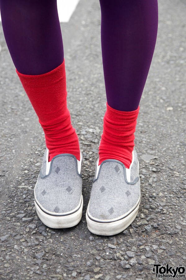 Purple tights, red socks & sneakers