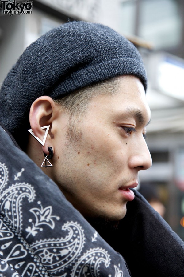 H>Fractal earrings & knit cap