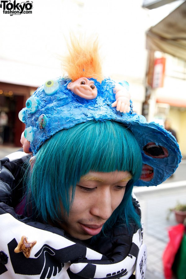 Blue hair & handmade painted hat with dolls