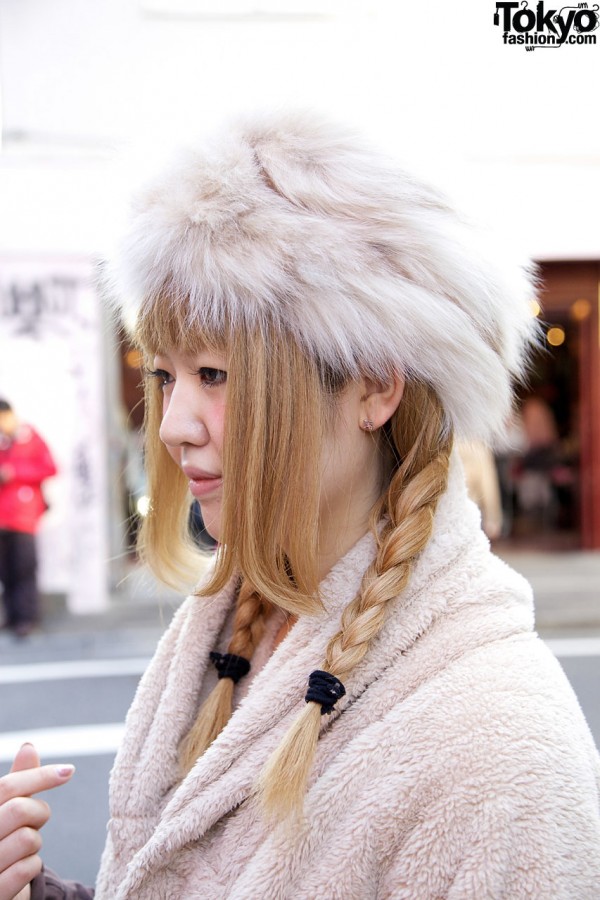 Blonde braids & fur hat