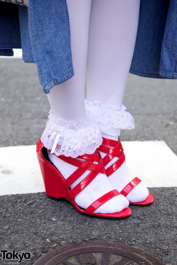 Red platform sandals with lacy socks