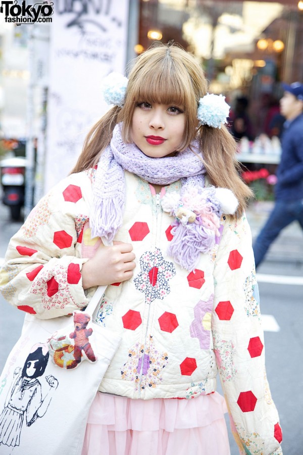 Blonde pigtails with pompoms