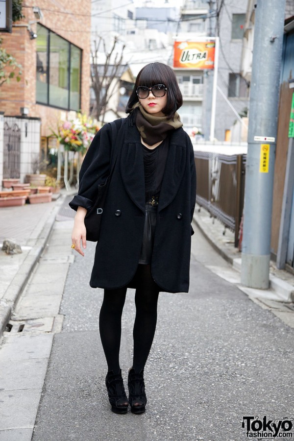 Leather Miniskirt, Swing Coat & Sly Platform Heels