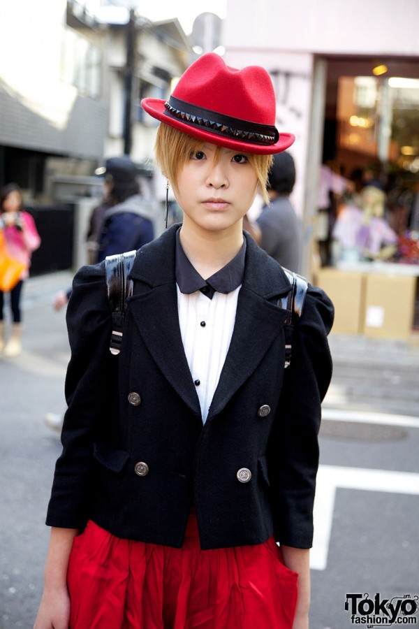 Red fedora and Heather double-breasted jacket