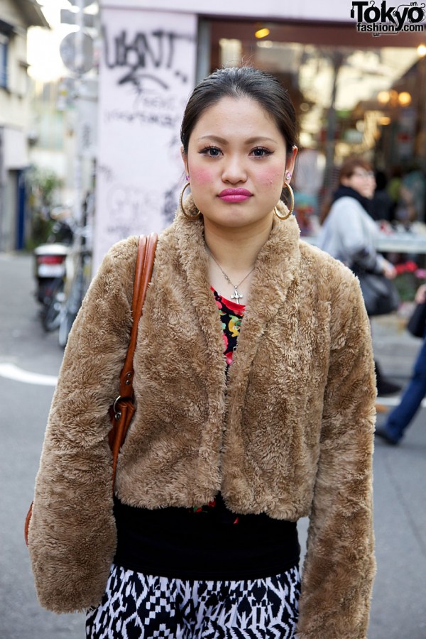 Plush jacket & hoop earrings