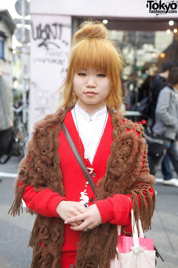 Brown shawl & red cardigan