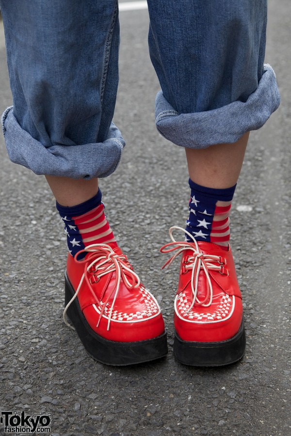 American flag socks & red platform shoes