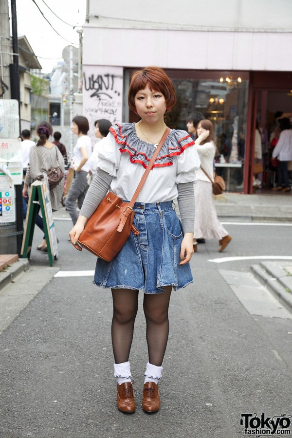 Retro Peasant Blouse & Short Denim Skirt