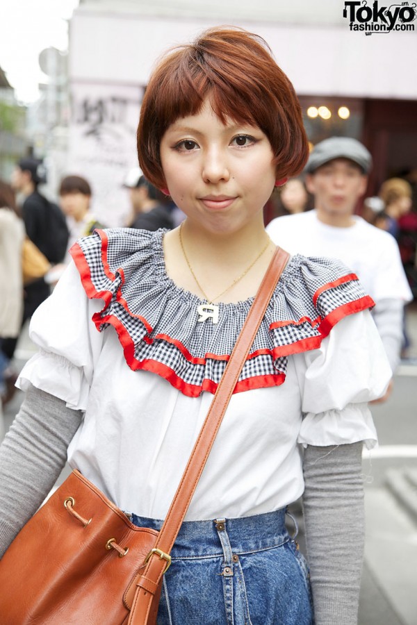 Retro Peasant Blouse & Short Denim Skirt