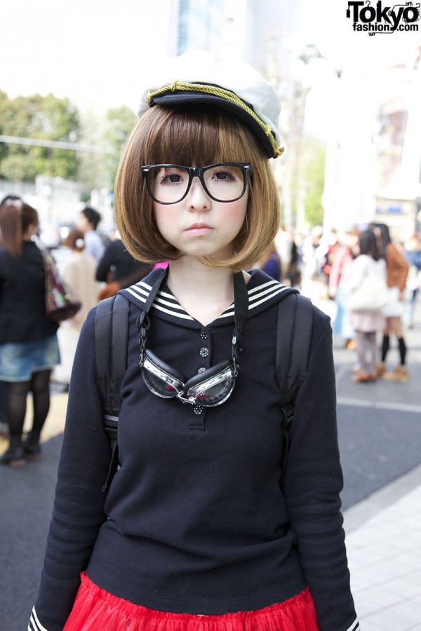 Too Cute Harajuku Girl in Glasses + Blonde Bob, Striped Socks