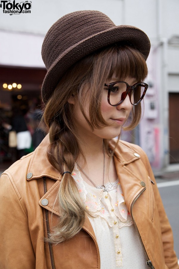 Japanese girl w/ long braid, glasses & derby hat