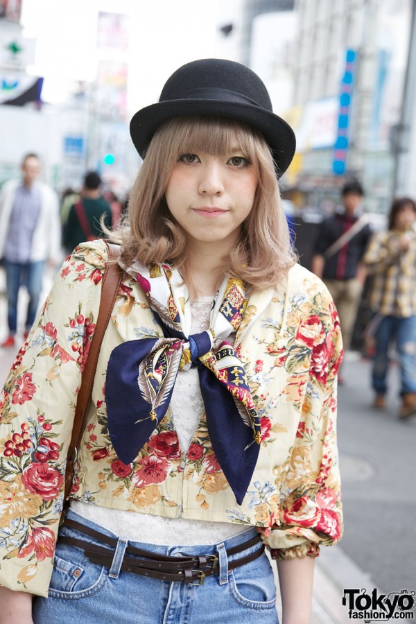 Derby hat, scarf & floral jacket in Harajuku