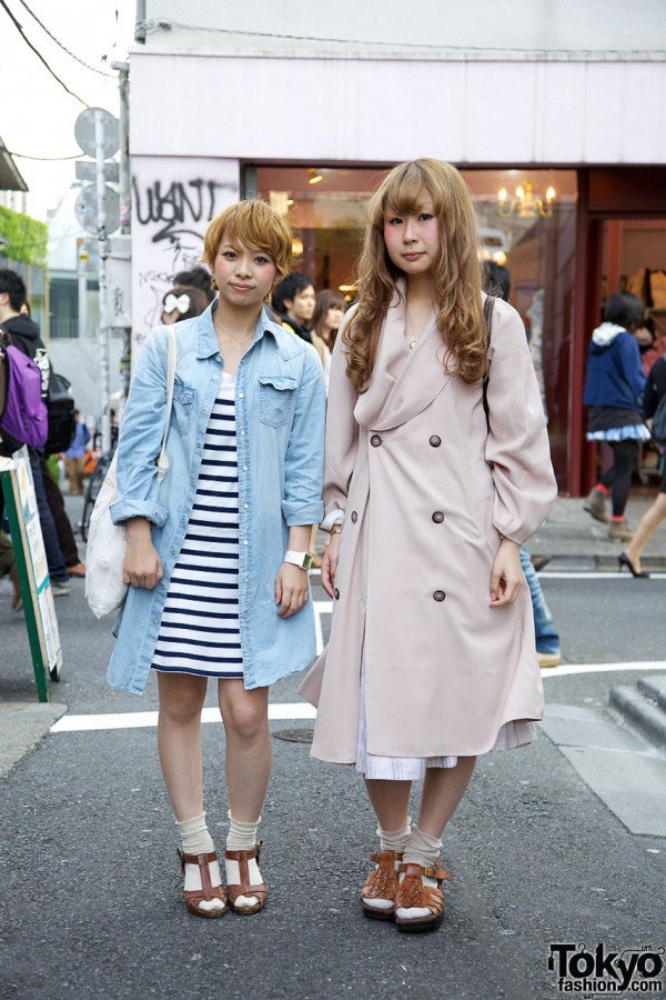 Girls in double-breasted trench & nautical striped dress