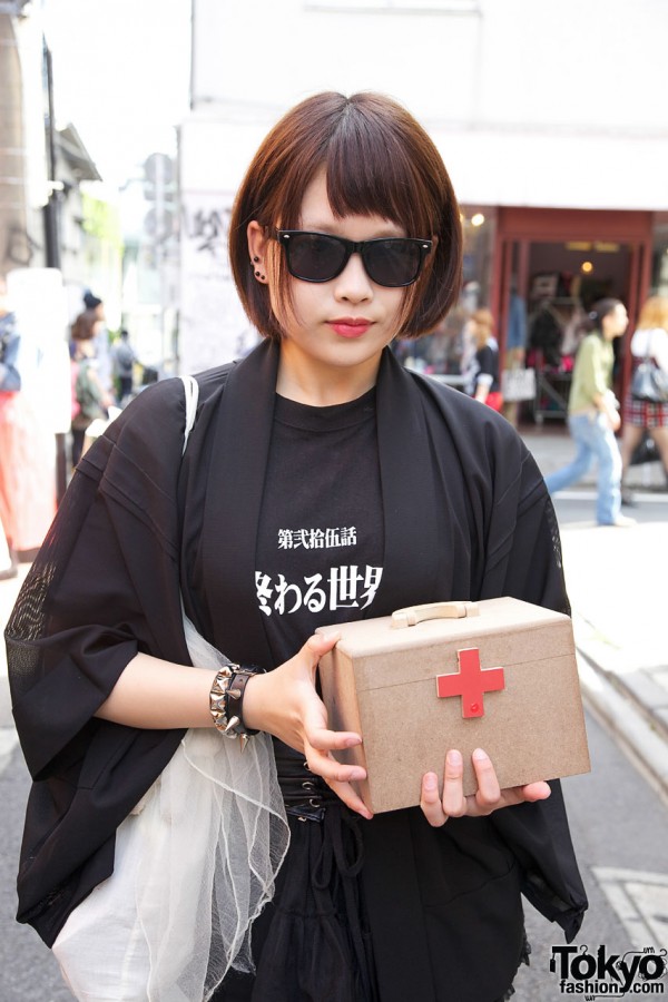 Japanese t-shirt & box with red cross in Harajuku