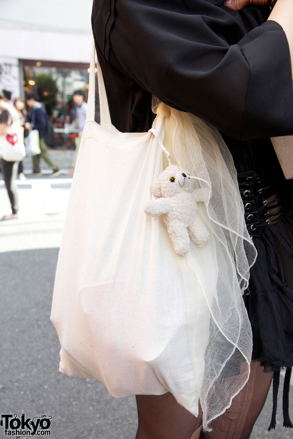 Fabric tote bag w/ scarf & teddy bear