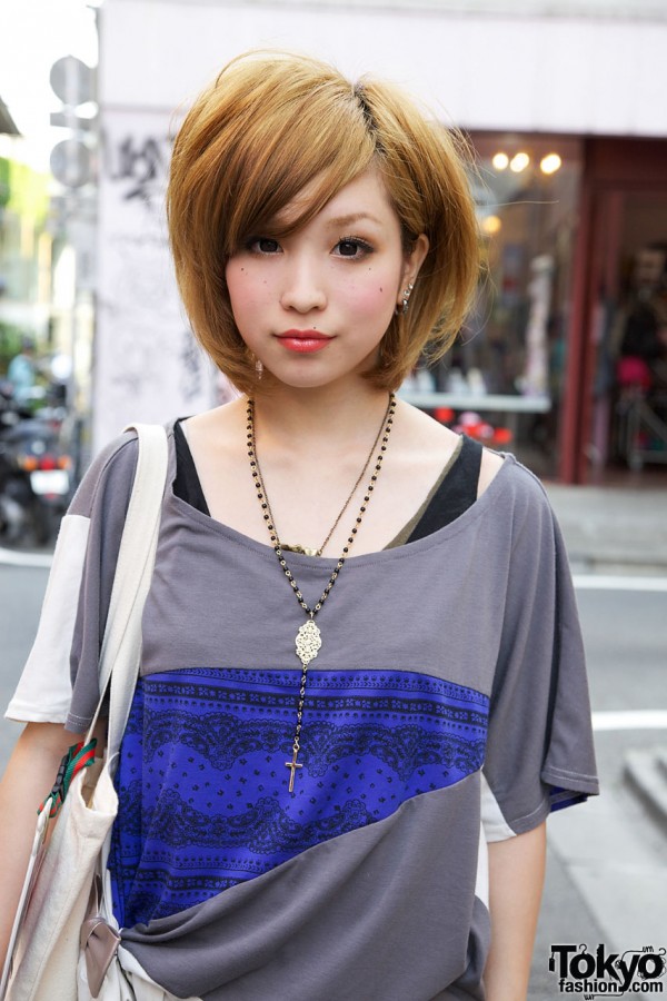 Pieced t-shirt & rosary necklace in Harajuku