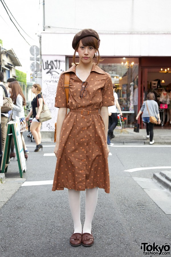 Vintage Dress w/ Beret & Tasseled Loafers