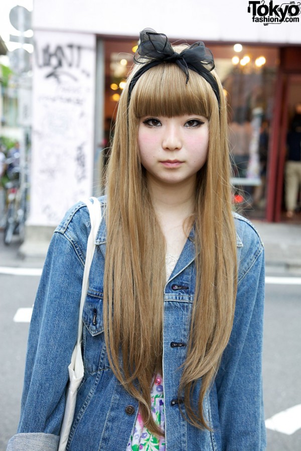 Black chiffon hair bow & faded denim jacket