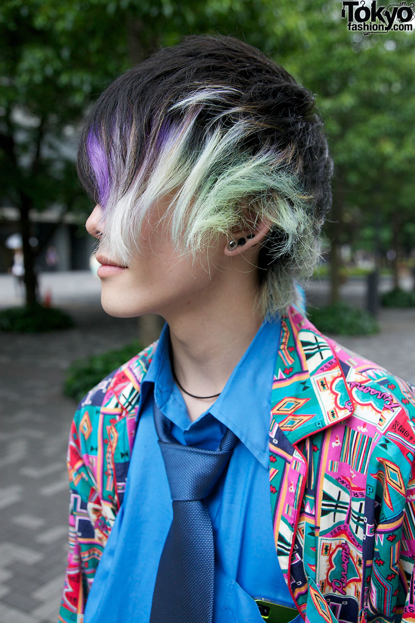 Cool Japanese Guy S Patchwork Suit Docs And Purple Green Hair