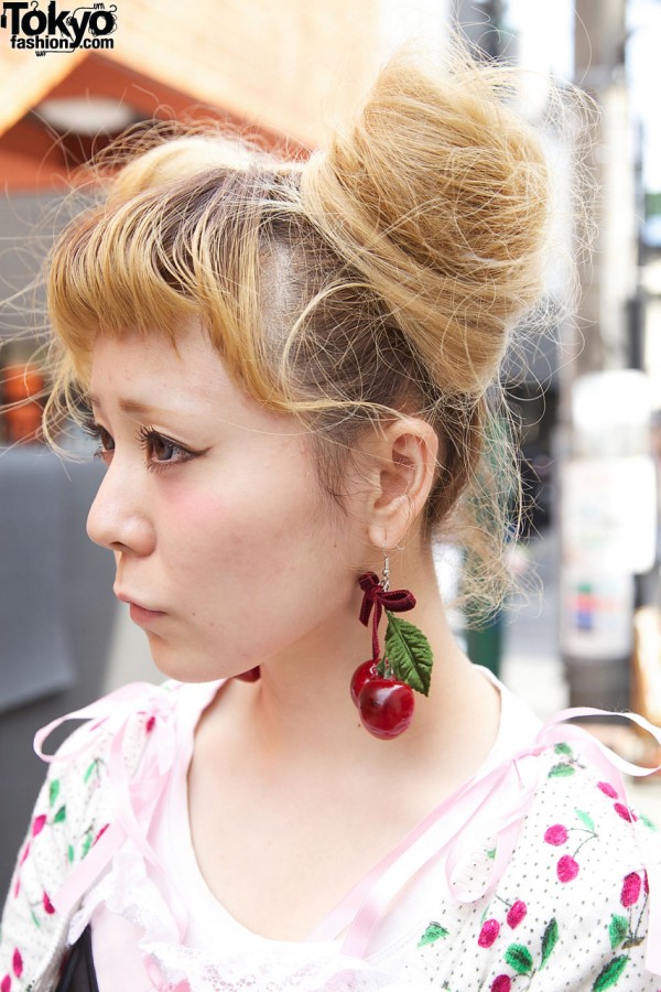 Blonde buns & handmade cherry earrings
