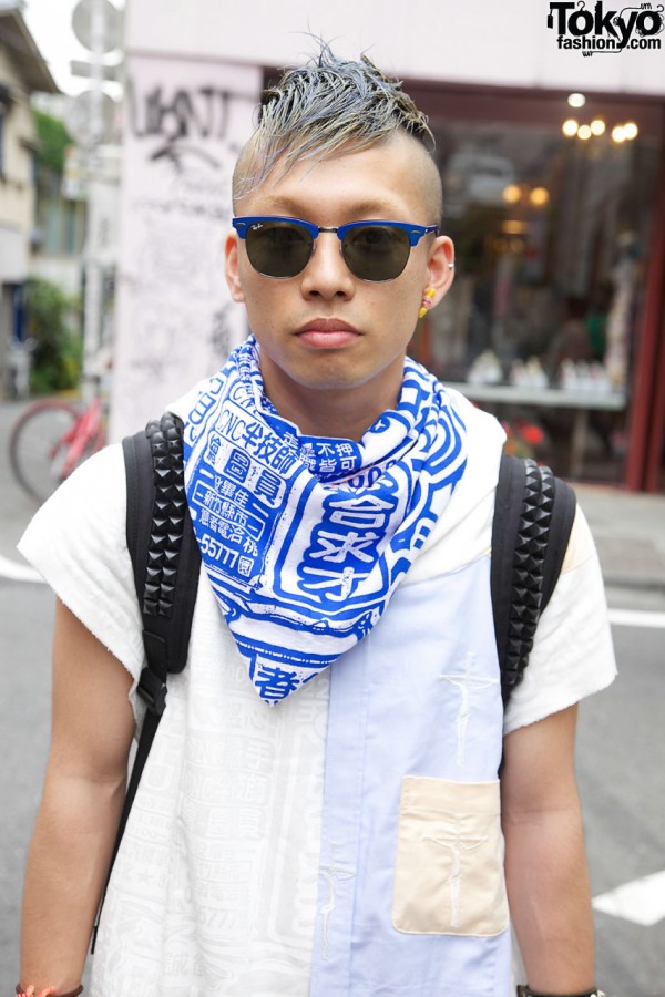 Blue-rimmed sunglasses & graphic scarf