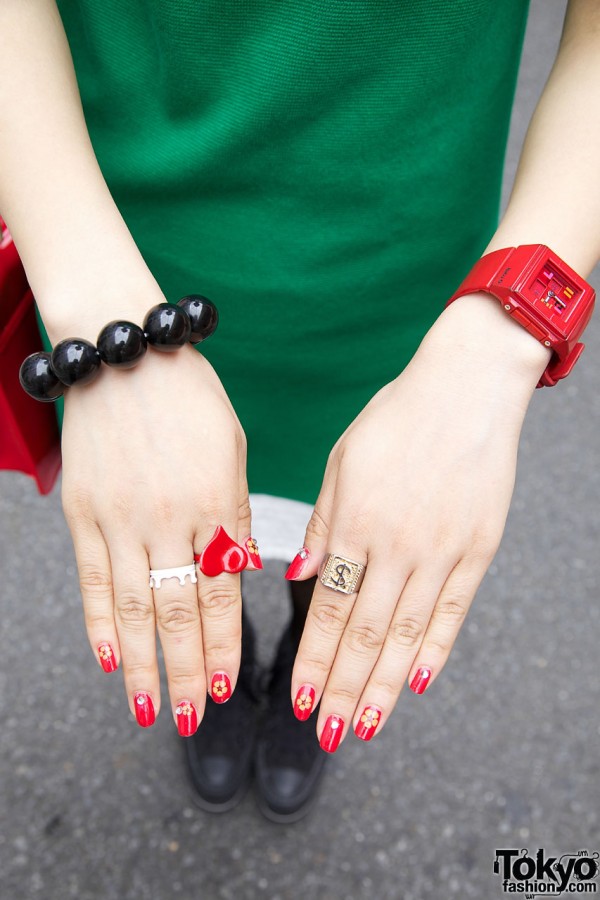 Heart ring & blossom embellished nails