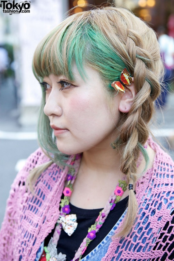 Blonde & green braids w/ butterfly clip