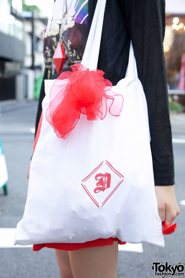 Fabric tote bag & red chiffon scarf