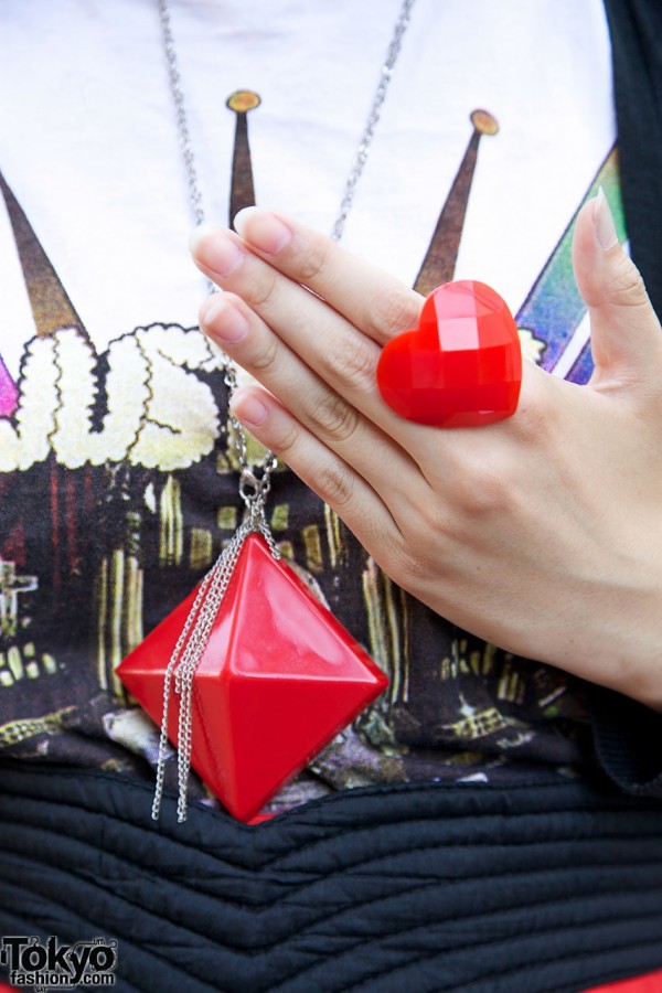 Red plastic pendant & hear ring