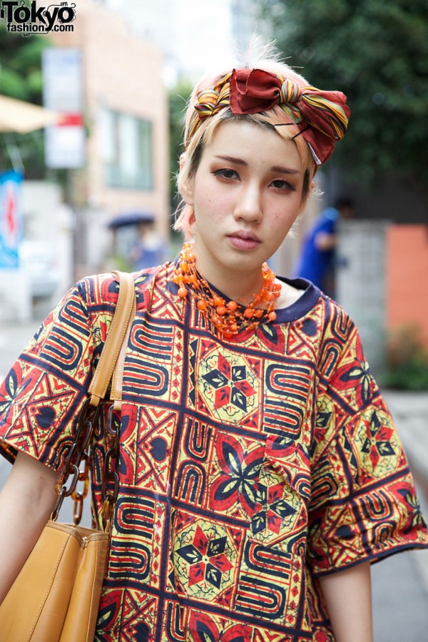 UTA graphic print top, orange necklace & head scarf