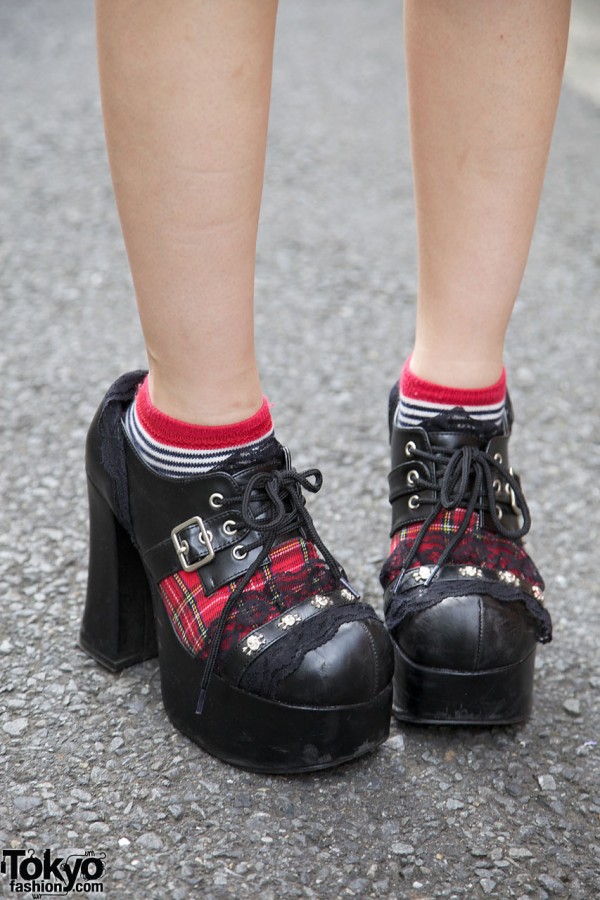 Demonia platform shoes with plaid & lace detail