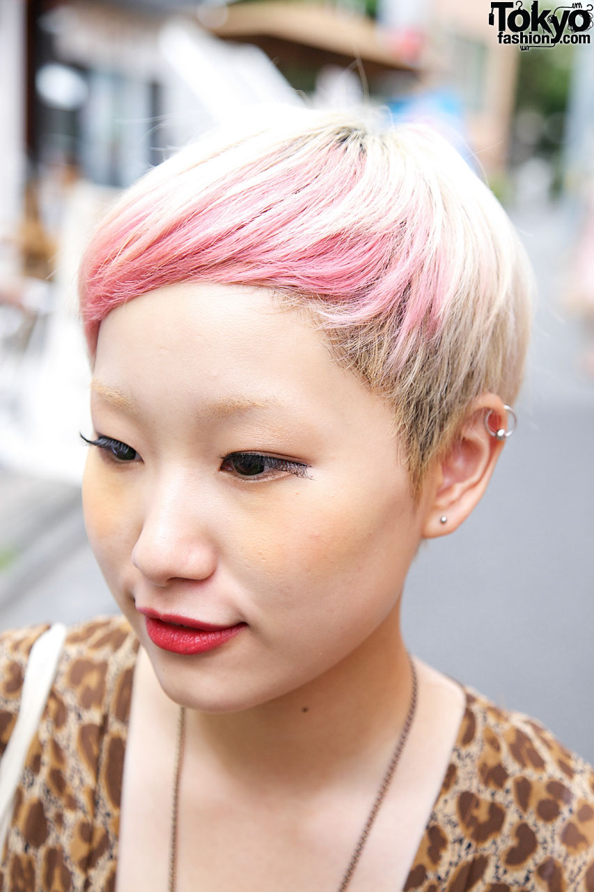 japanese girl's short pink hair leopard print pocket