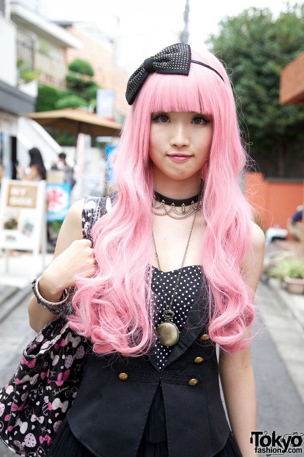 Long pink hair, dotted hair bow & vintage watch necklace