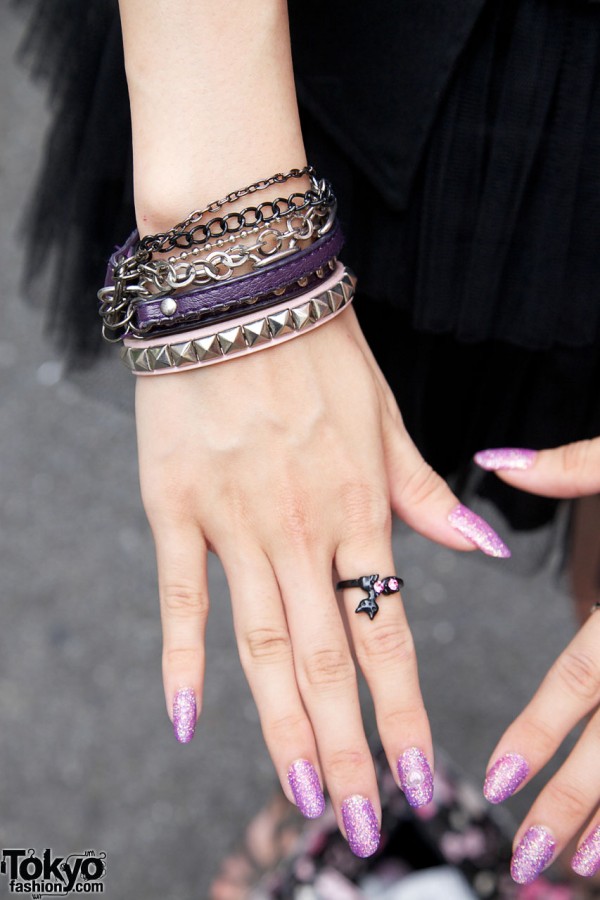 Lavender glitter nails & silver bracelets