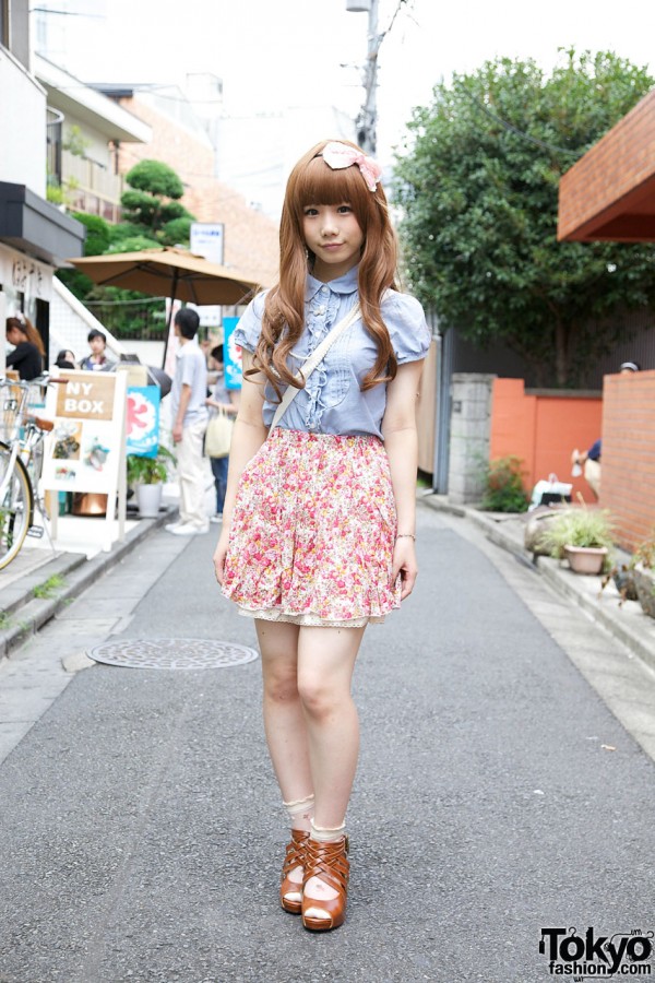 Japanese Schoolgirl’s Tucked Blouse, Floral Skirt & Woven Sandals