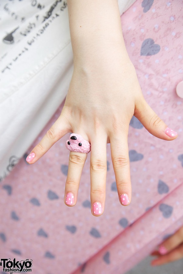 Pink dotted nail polish & pink bear ring