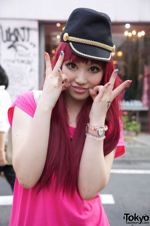 Girl w/ long red hair & military hat in Harajuku