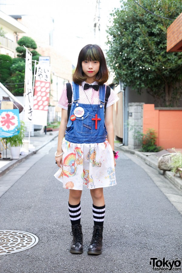 Harajuku Girl’s Remade Overalls, Bow Tie & Soccer Socks