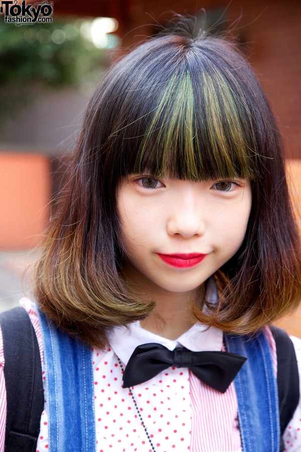 Japanese girl w/ green-streaked bangs & red lipstick