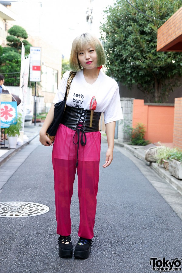 Blonde & Green-Haired Girl’s Novelty T-Shirt, Chiffon Pants & Corset