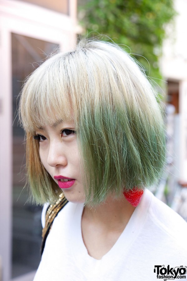Blonde & green hair w/ strawberry earring