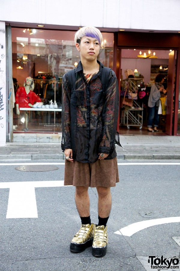 Sheer shirt from Boy & gold sneakers from Dog