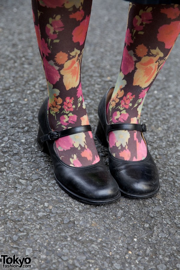 Floral print tights & resale Mary Jane shoes