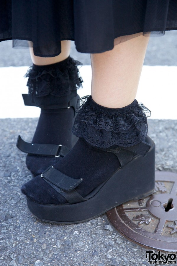 Black ruffled socks & wedge sandals in Harajuku