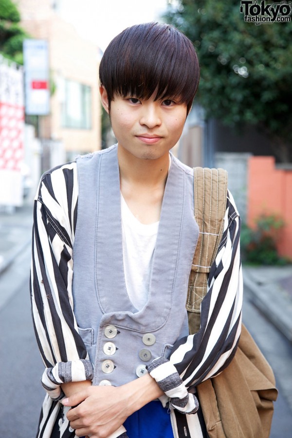 Resale striped shirt & vintage vest in Harajuku