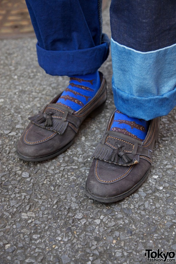 Blue fish socks & suede tassel loafers