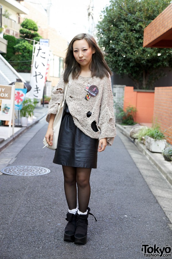 Fashion Student’s Leather Skirt & Distressed Handmade Sweater