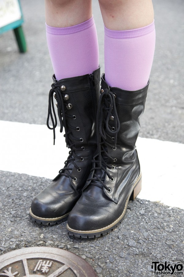 Long pink socks & black work boots in Harajuku